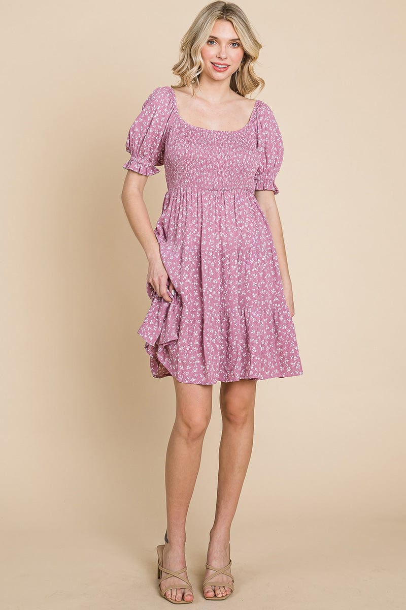 Smocked Floral Puff Short Sleeve Tiered Dress