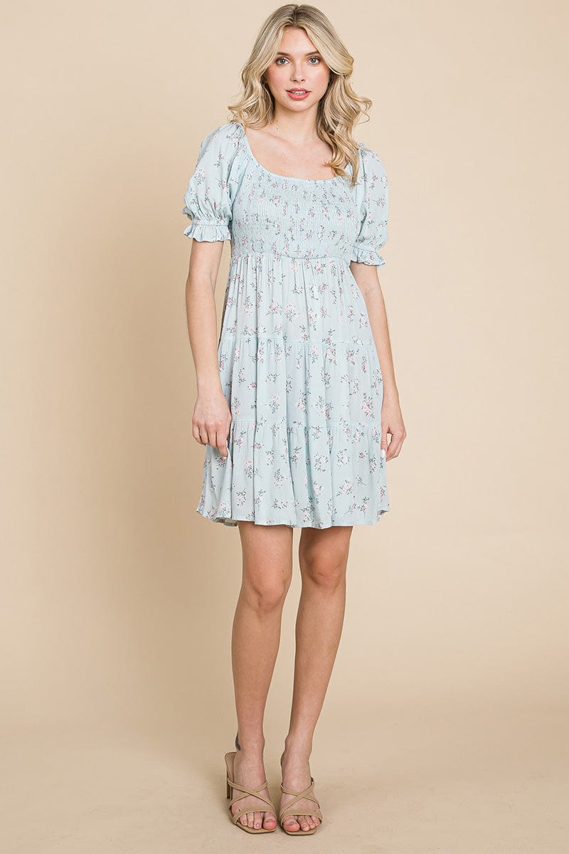 Smocked Floral Puff Short Sleeve Tiered Dress