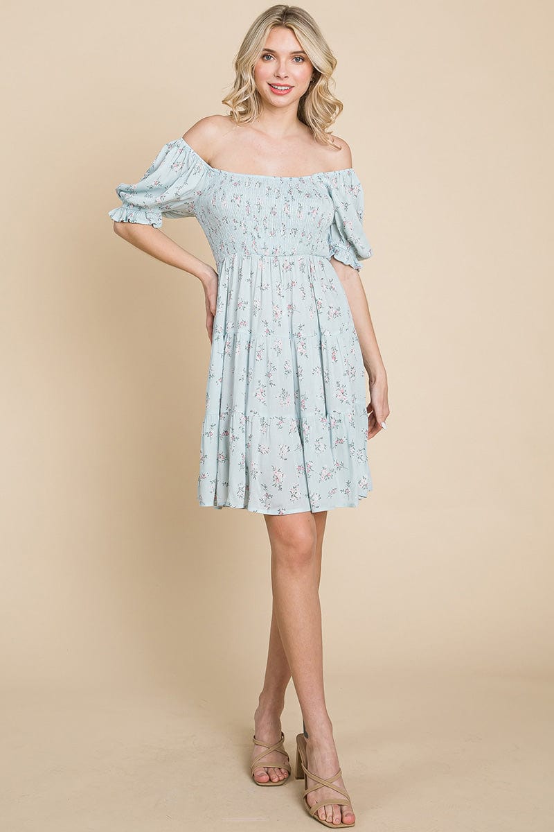 Smocked Floral Puff Short Sleeve Tiered Dress