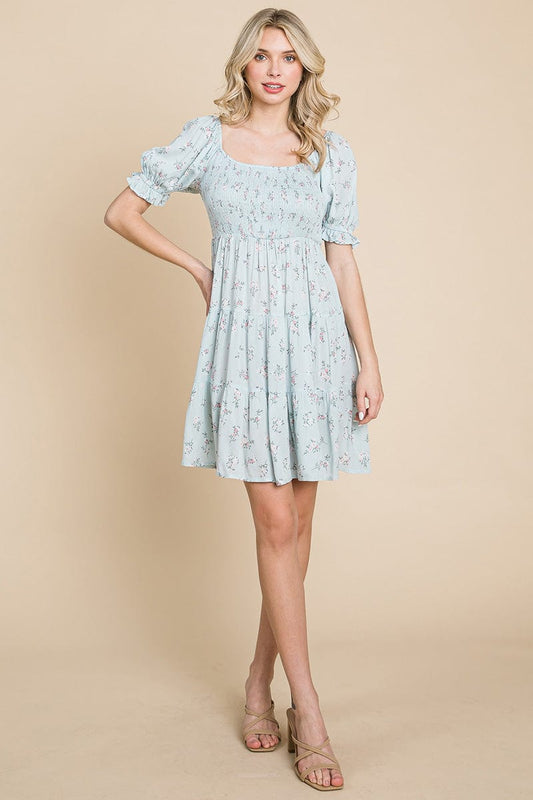 Smocked Floral Puff Short Sleeve Tiered Dress