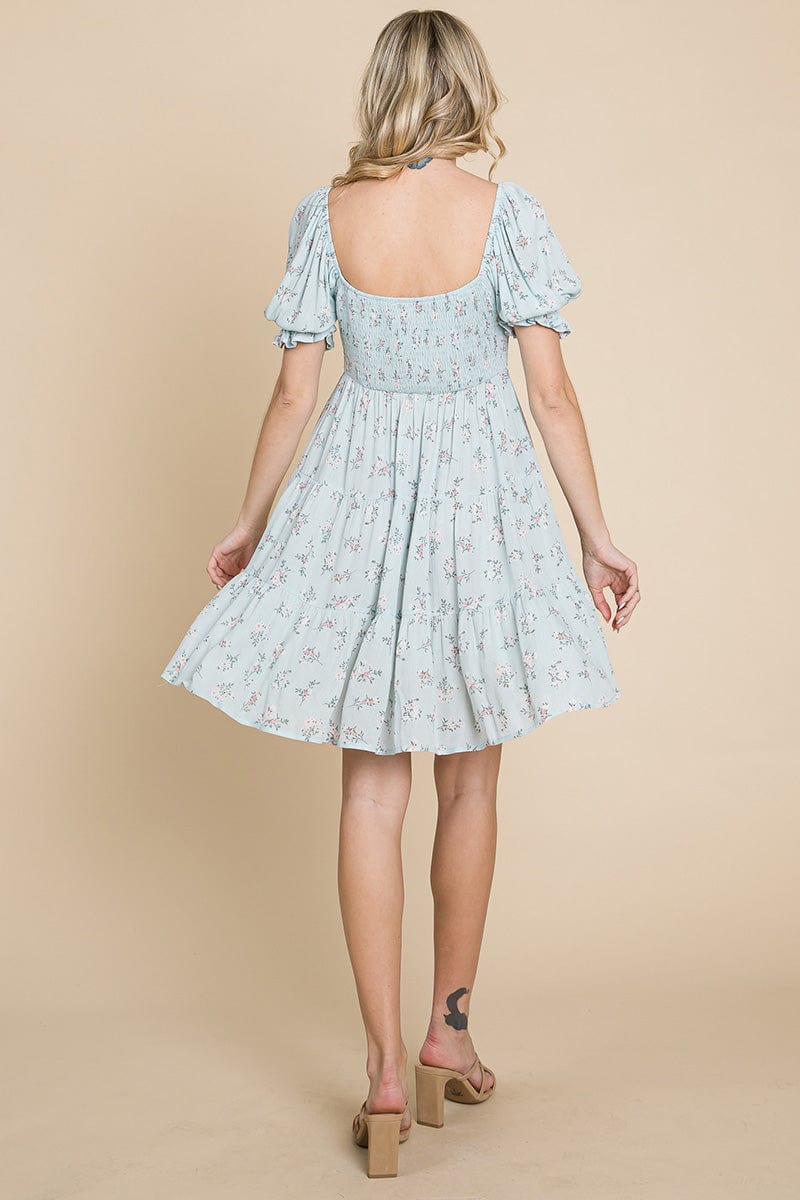 Smocked Floral Puff Short Sleeve Tiered Dress