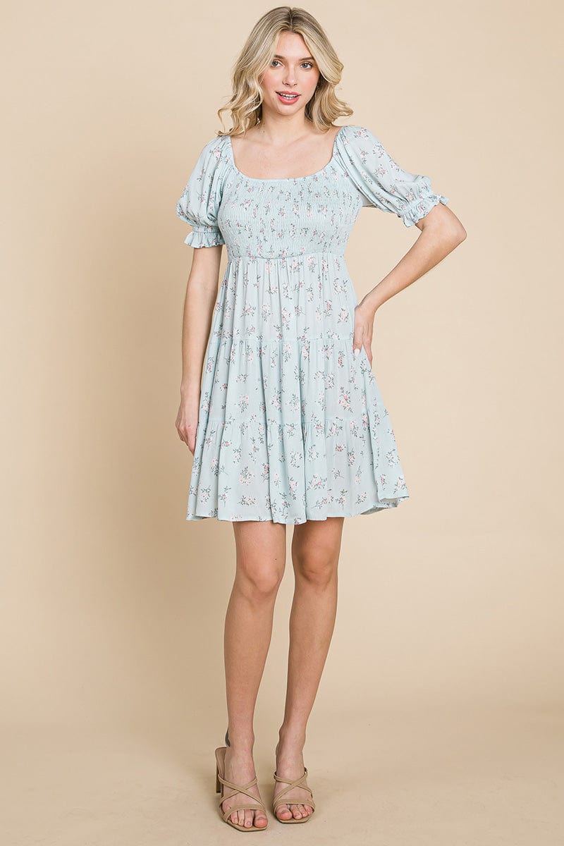 Smocked Floral Puff Short Sleeve Tiered Dress