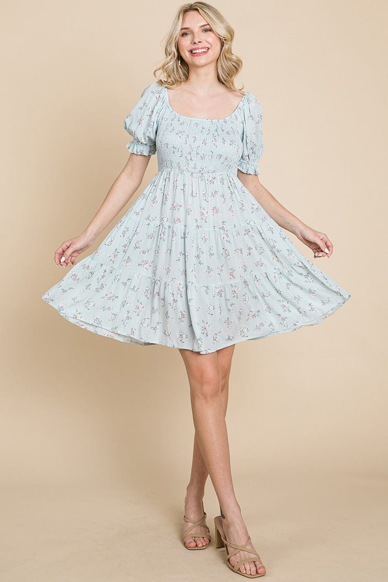 Smocked Floral Puff Short Sleeve Tiered Dress