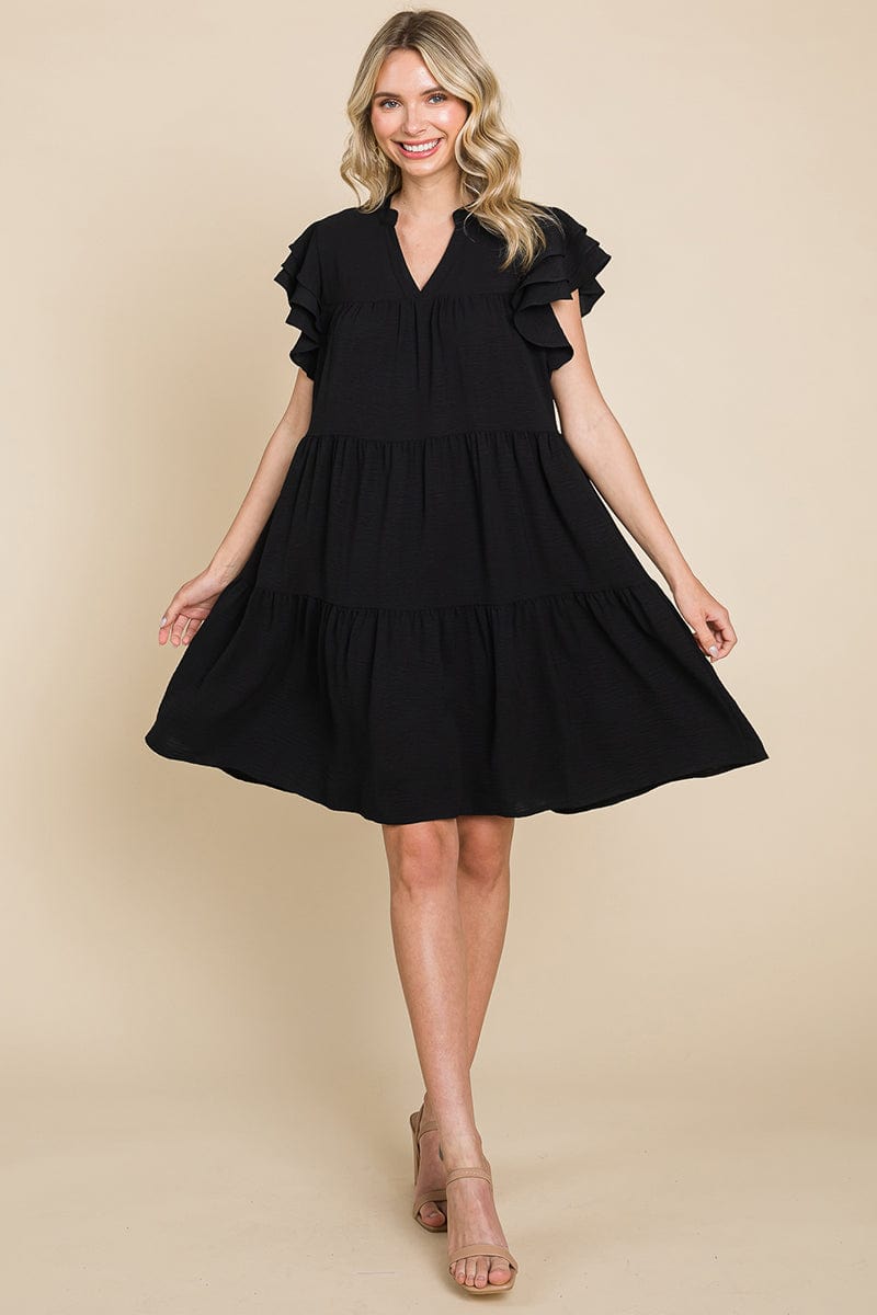 Tiered V Neck Ruffle Sleeve Dress- Plus Size Available