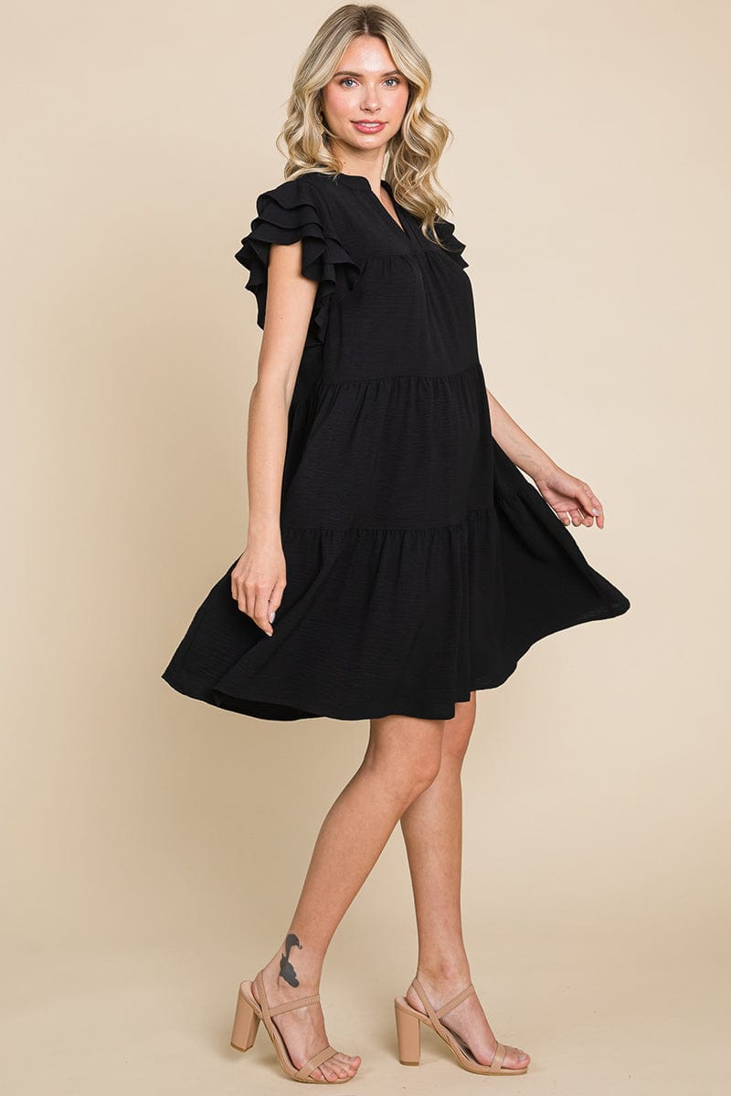 Tiered V Neck Ruffle Sleeve Dress- Plus Size Available