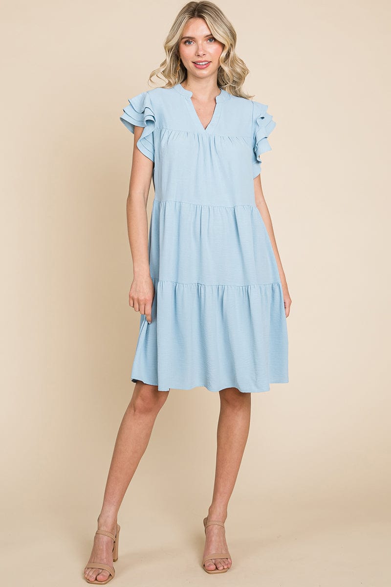 Tiered V Neck Ruffle Sleeve Dress- Plus Size Available