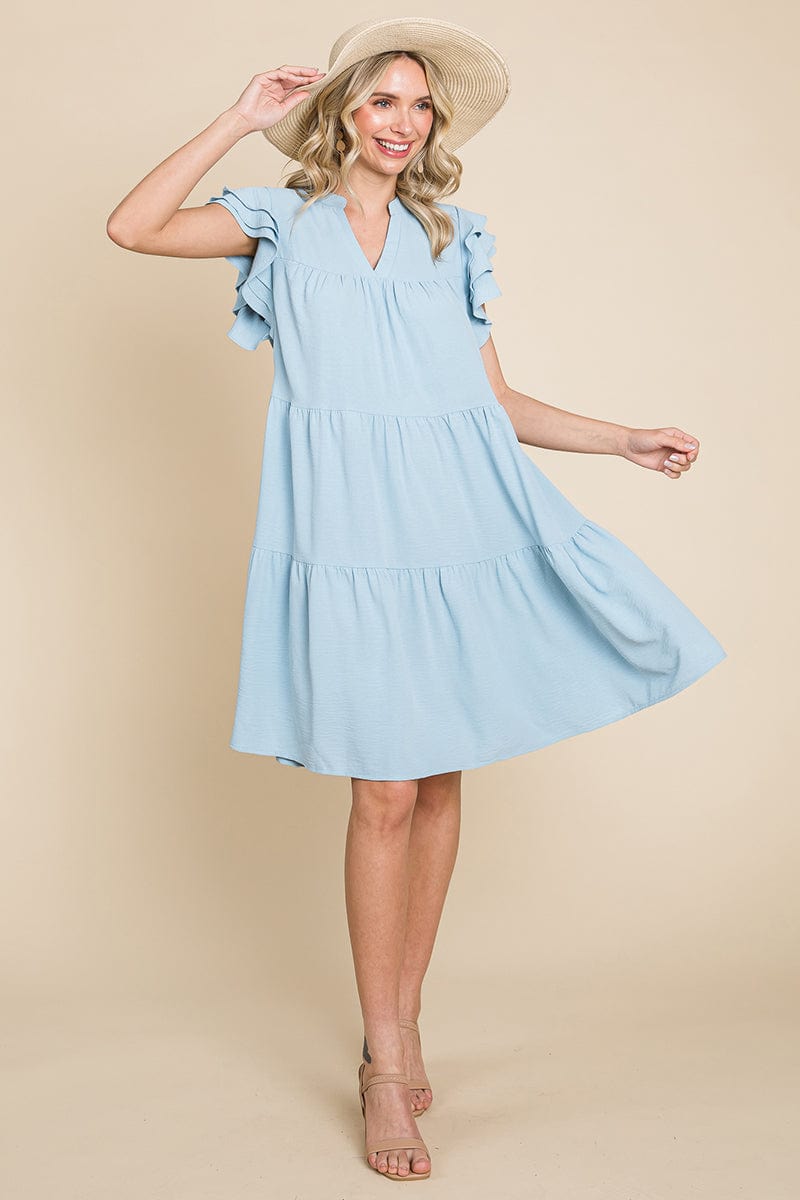 Tiered V Neck Ruffle Sleeve Dress- Plus Size Available