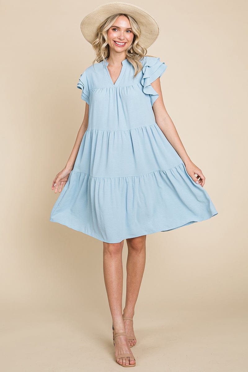 Tiered V Neck Ruffle Sleeve Dress- Plus Size Available