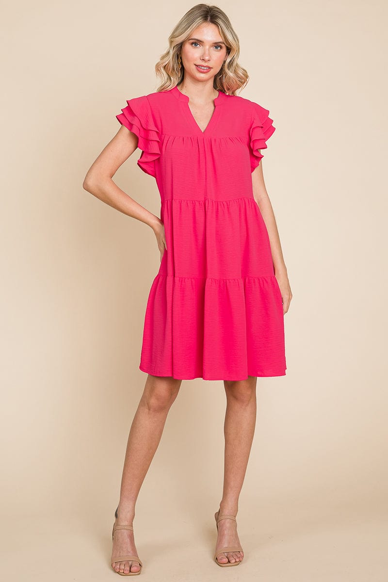 Tiered V Neck Ruffle Sleeve Dress- Plus Size Available