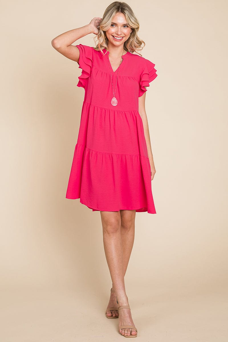 Tiered V Neck Ruffle Sleeve Dress- Plus Size Available