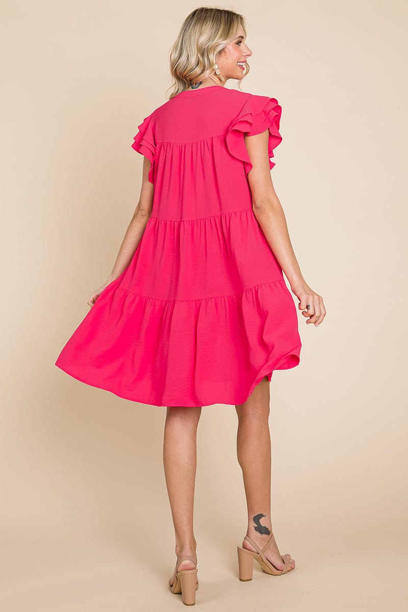 Tiered V Neck Ruffle Sleeve Dress- Plus Size Available