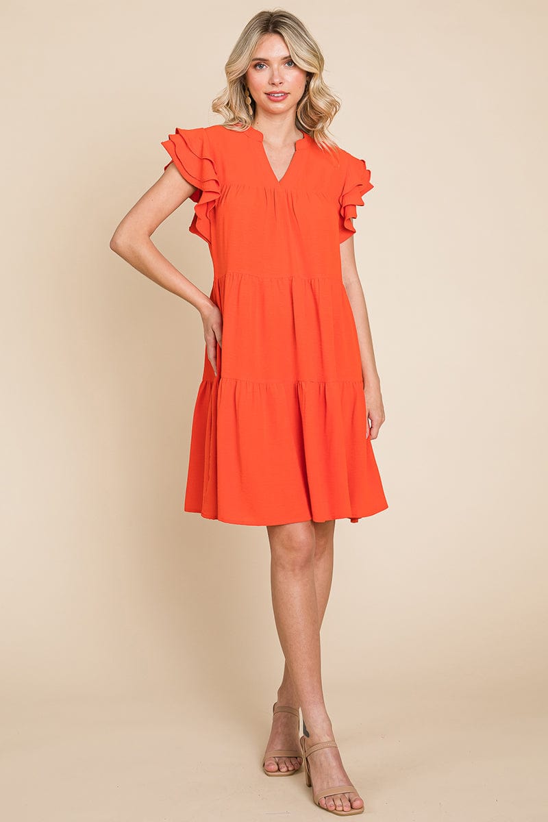 Tiered V Neck Ruffle Sleeve Dress- Plus Size Available