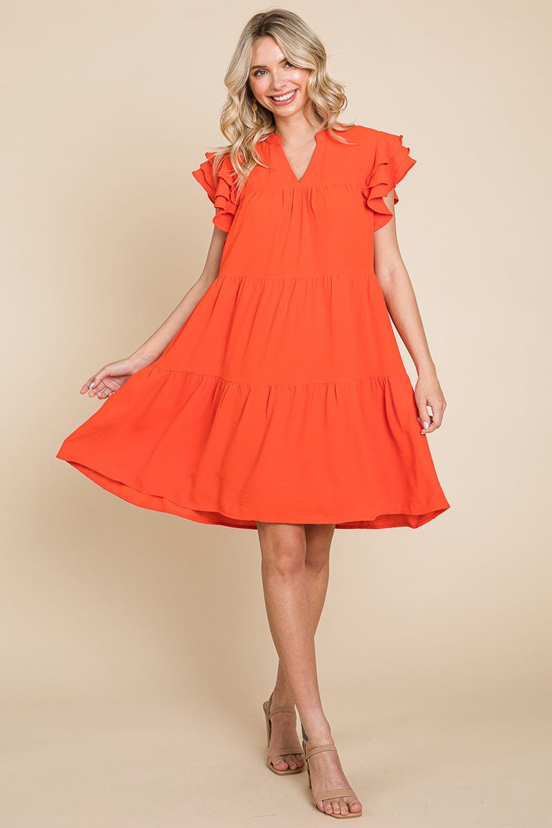 Tiered V Neck Ruffle Sleeve Dress- Plus Size Available