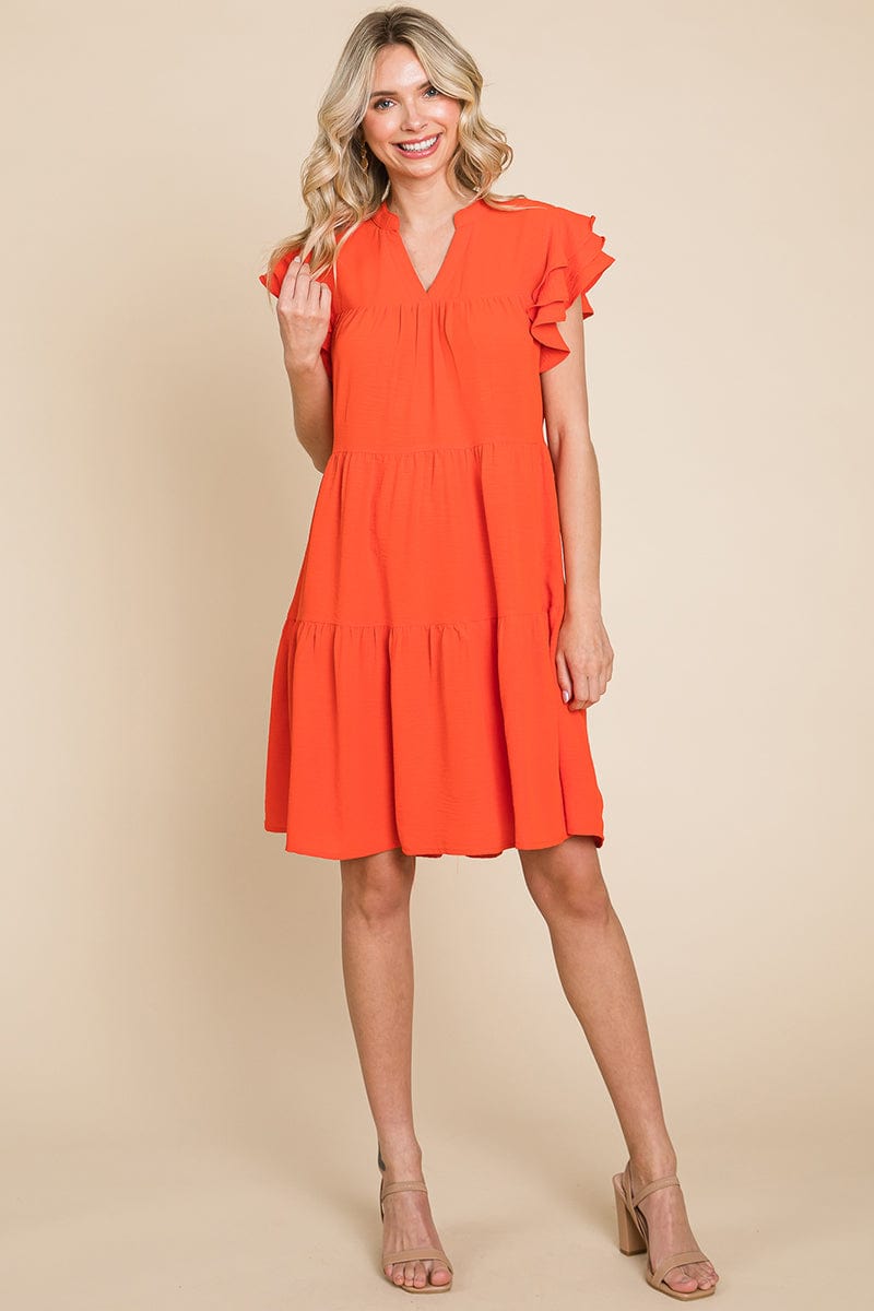 Tiered V Neck Ruffle Sleeve Dress- Plus Size Available