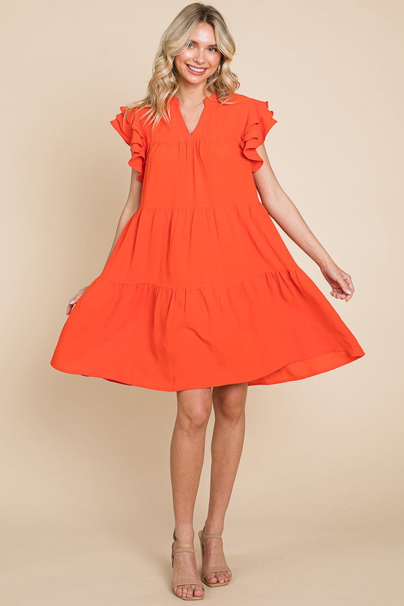 Tiered V Neck Ruffle Sleeve Dress- Plus Size Available