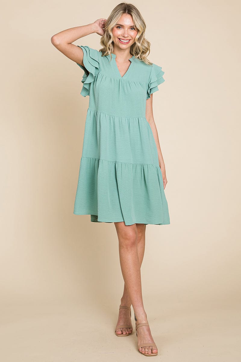 Tiered V Neck Ruffle Sleeve Dress- Plus Size Available