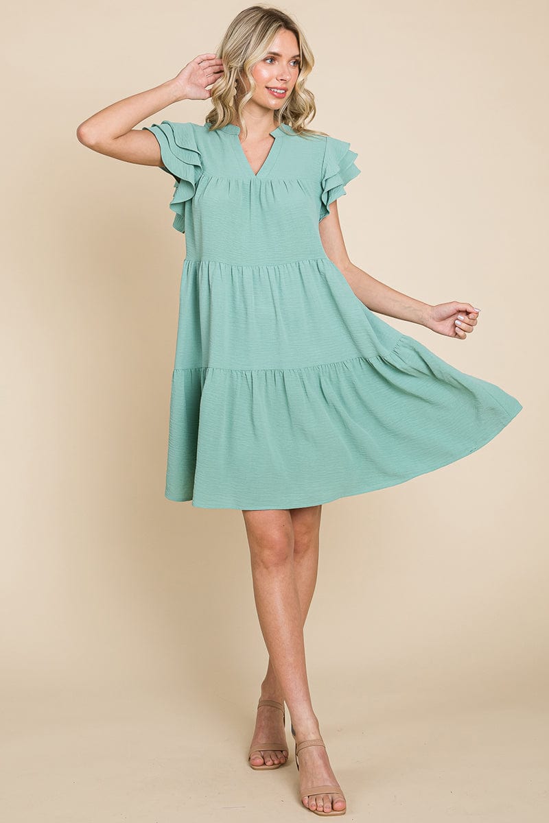 Tiered V Neck Ruffle Sleeve Dress- Plus Size Available