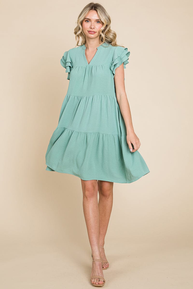 Tiered V Neck Ruffle Sleeve Dress- Plus Size Available