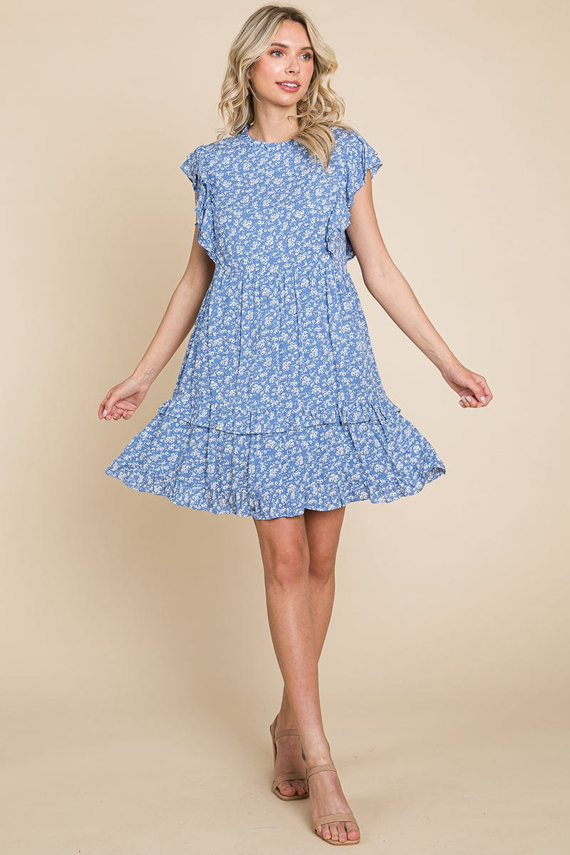 Floral Printed Ruffled Sleeve Pleated Dress