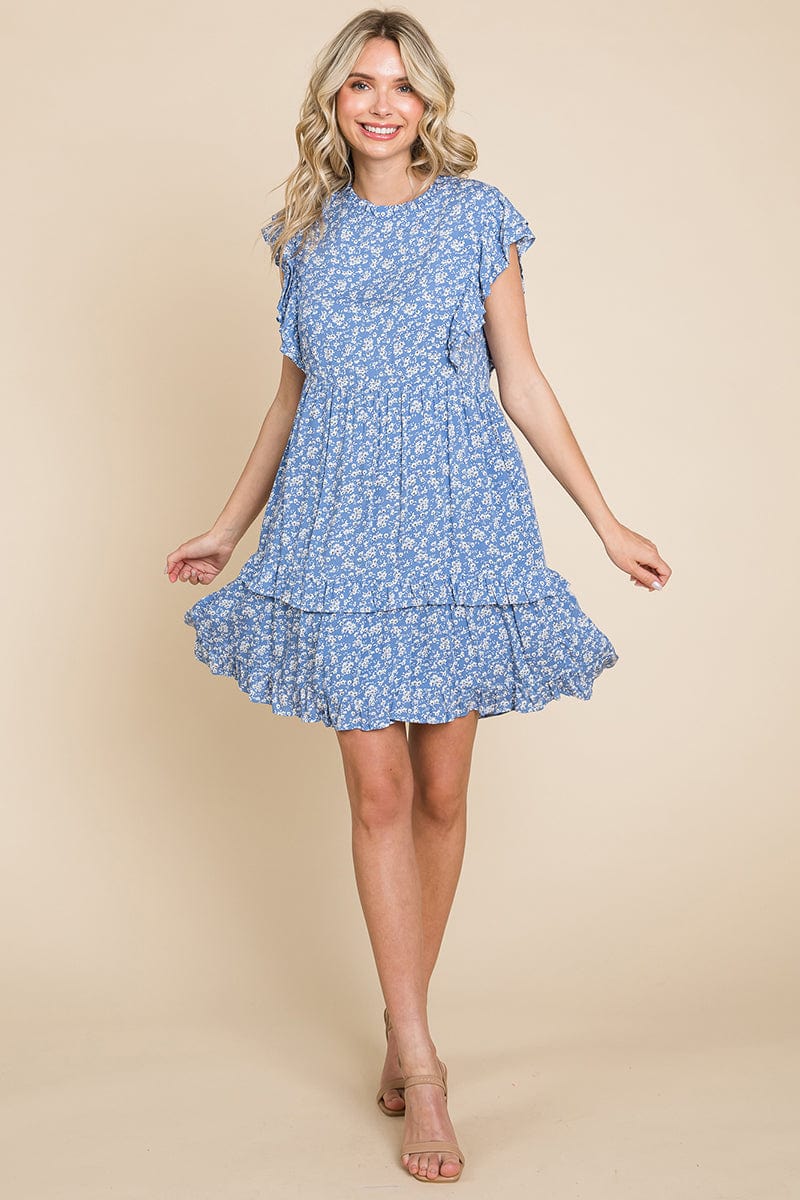 Floral Printed Ruffled Sleeve Pleated Dress