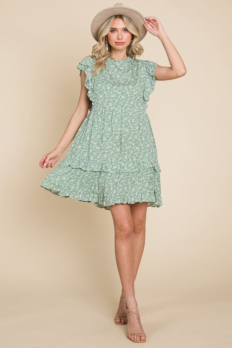 Floral Printed Ruffled Sleeve Pleated Dress