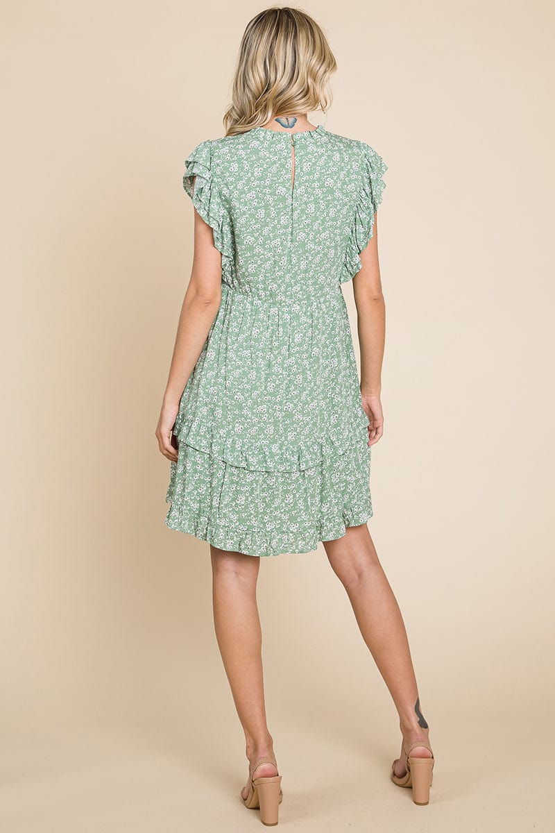 Floral Printed Ruffled Sleeve Pleated Dress