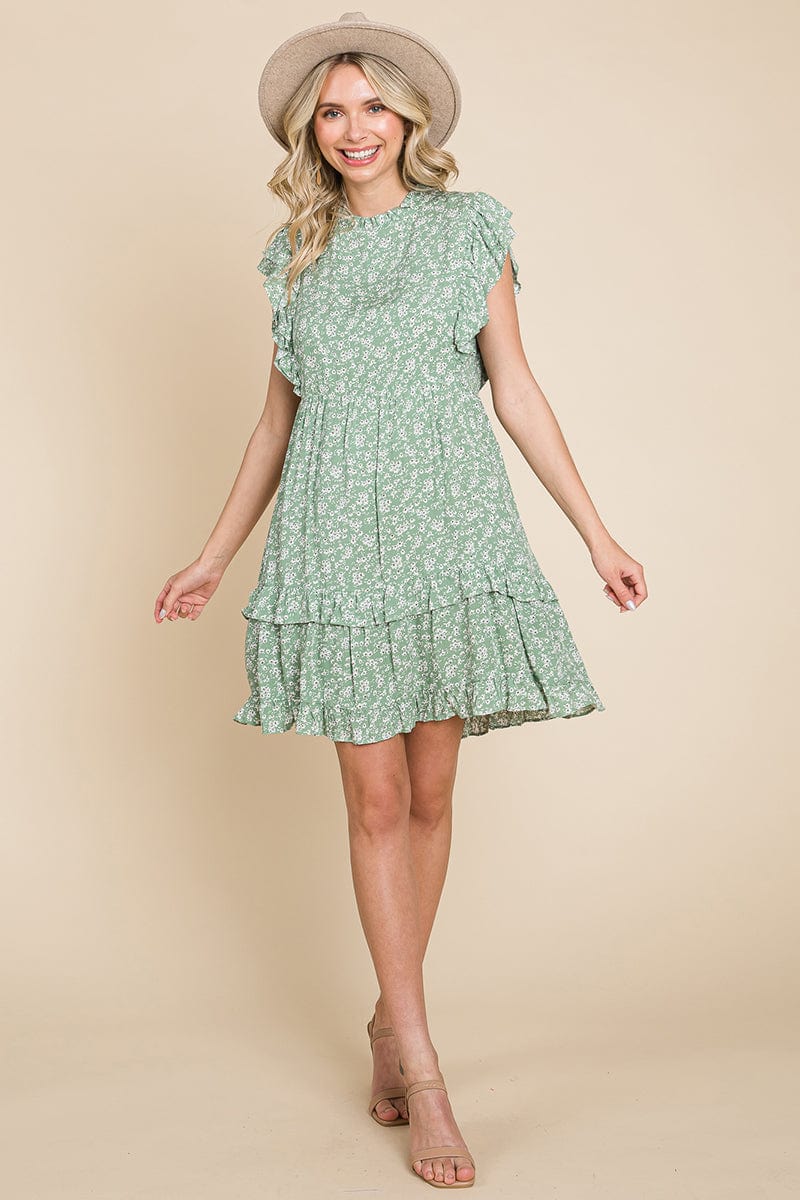 Floral Printed Ruffled Sleeve Pleated Dress