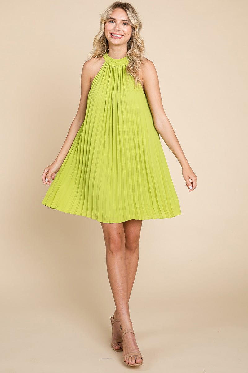 Pleated Halter Neck Mini Swing Dress