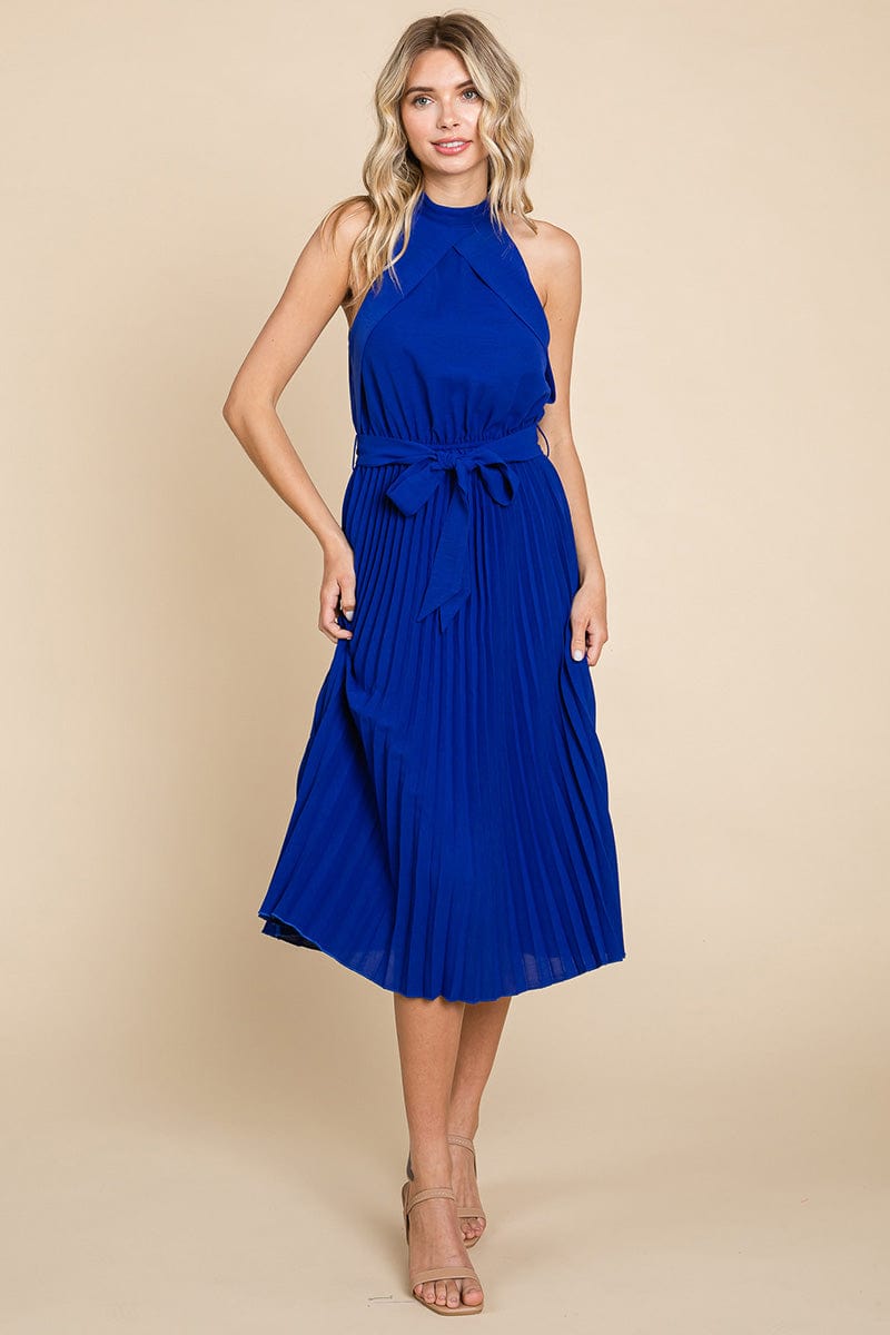 Pleated Self Tie Waist Halter Cocktail Dress, S-3X