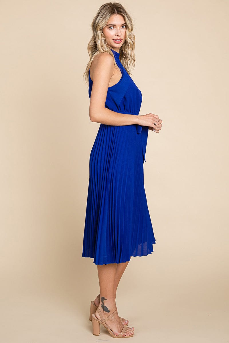 Pleated Self Tie Waist Halter Cocktail Dress, S-3X