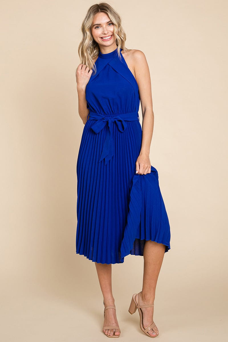 Pleated Self Tie Waist Halter Cocktail Dress, S-3X