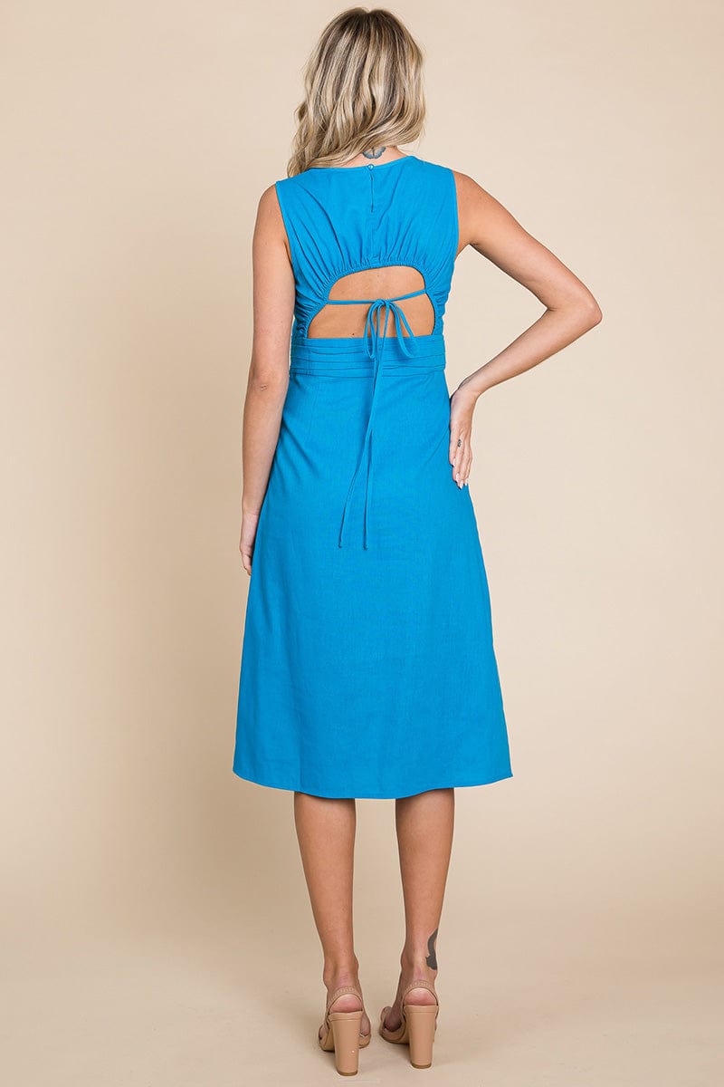 Sleeveless Tied Backless Pleated Midi Linen Dress