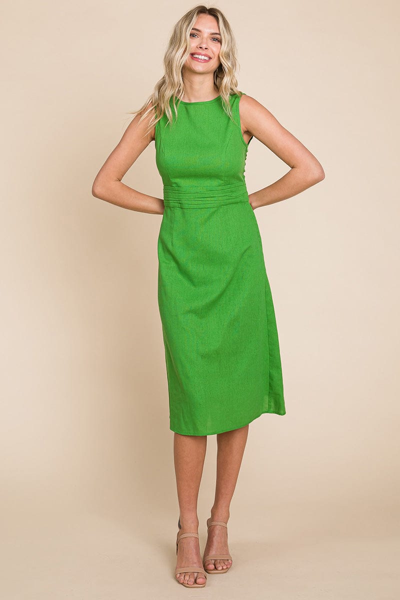 Sleeveless Tied Backless Pleated Midi Linen Dress