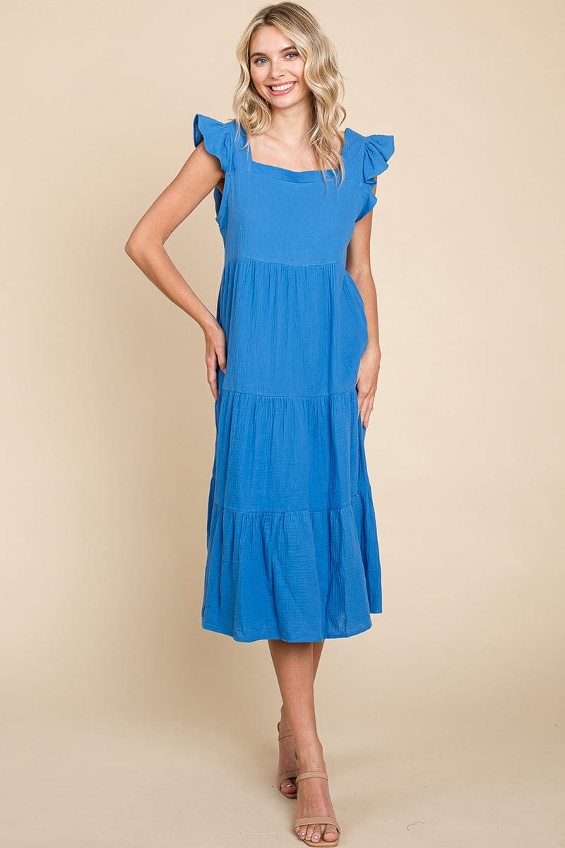 Ruffle Sleeve Gauze Tiered Midi Cotton Dress