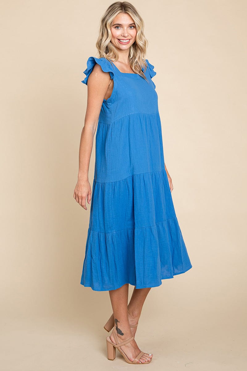 Ruffle Sleeve Gauze Tiered Midi Cotton Dress