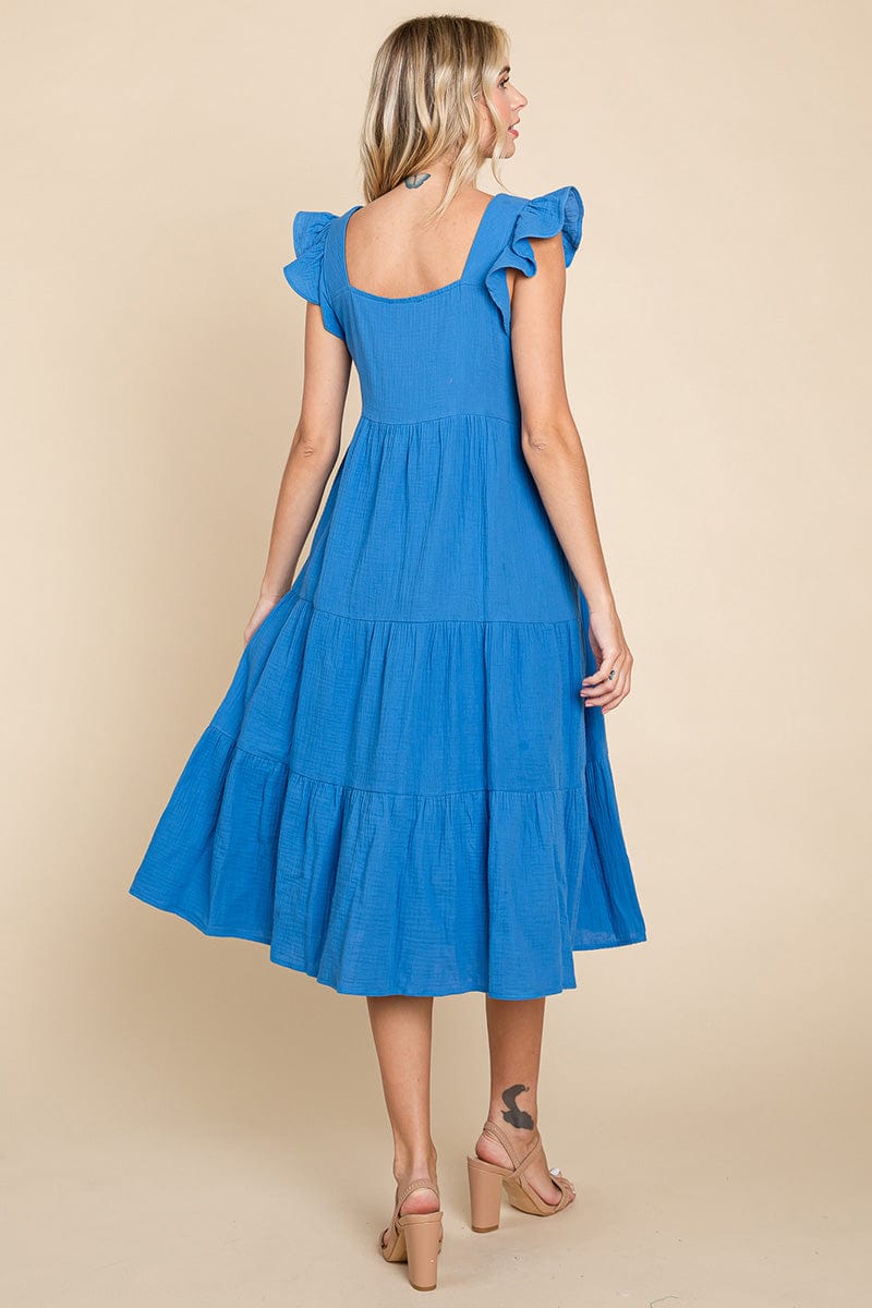 Ruffle Sleeve Gauze Tiered Midi Cotton Dress