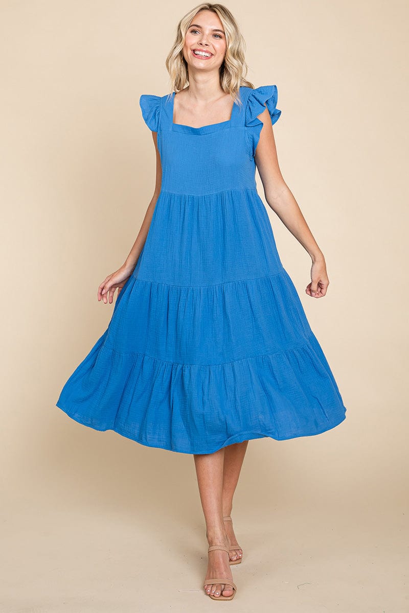 Ruffle Sleeve Gauze Tiered Midi Cotton Dress