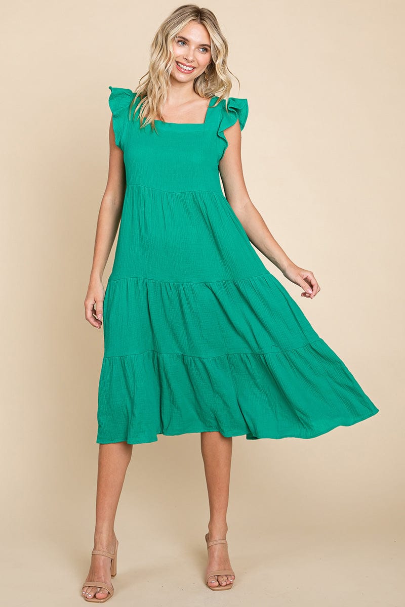 Ruffle Sleeve Gauze Tiered Midi Cotton Dress