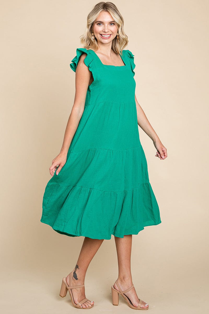 Ruffle Sleeve Gauze Tiered Midi Cotton Dress