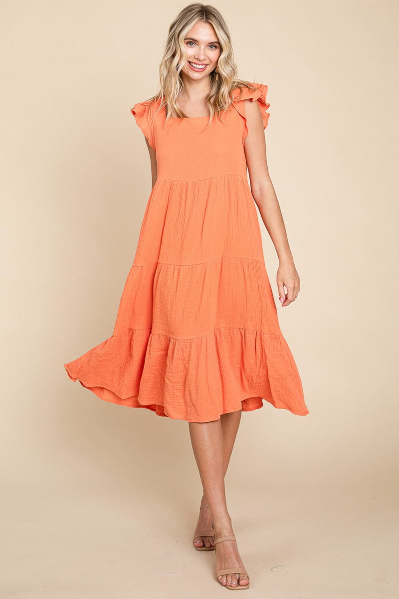 Ruffle Sleeve Gauze Tiered Midi Cotton Dress