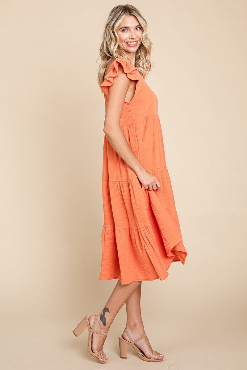 Ruffle Sleeve Gauze Tiered Midi Cotton Dress