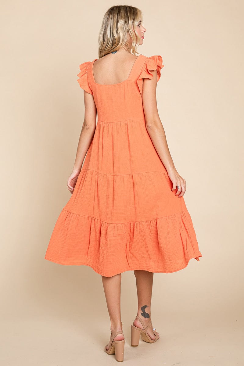 Ruffle Sleeve Gauze Tiered Midi Cotton Dress