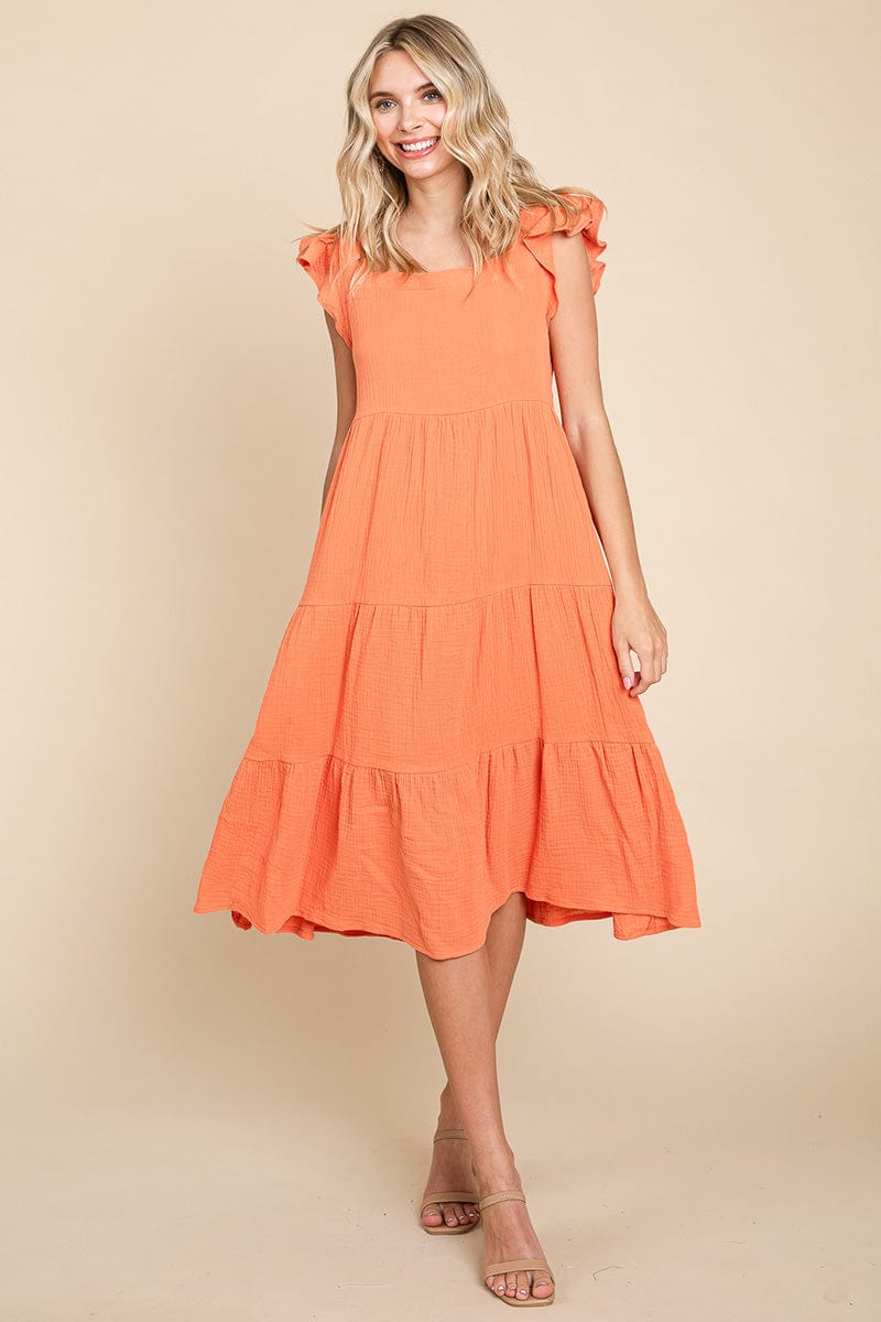 Ruffle Sleeve Gauze Tiered Midi Cotton Dress