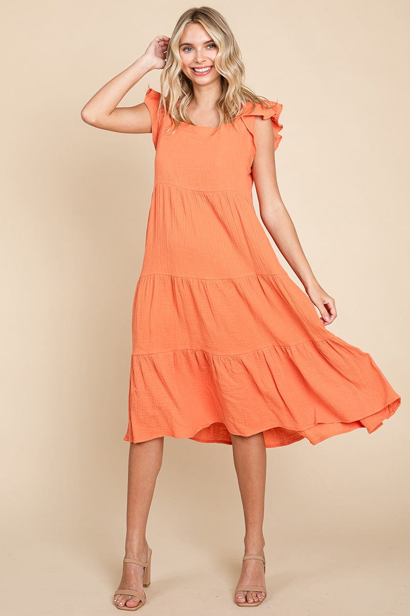 Ruffle Sleeve Gauze Tiered Midi Cotton Dress