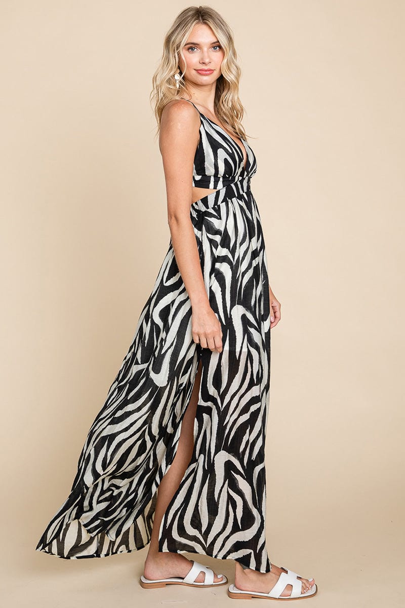 Deep V Neck Open Back Zebra Print Boho Maxi Dress