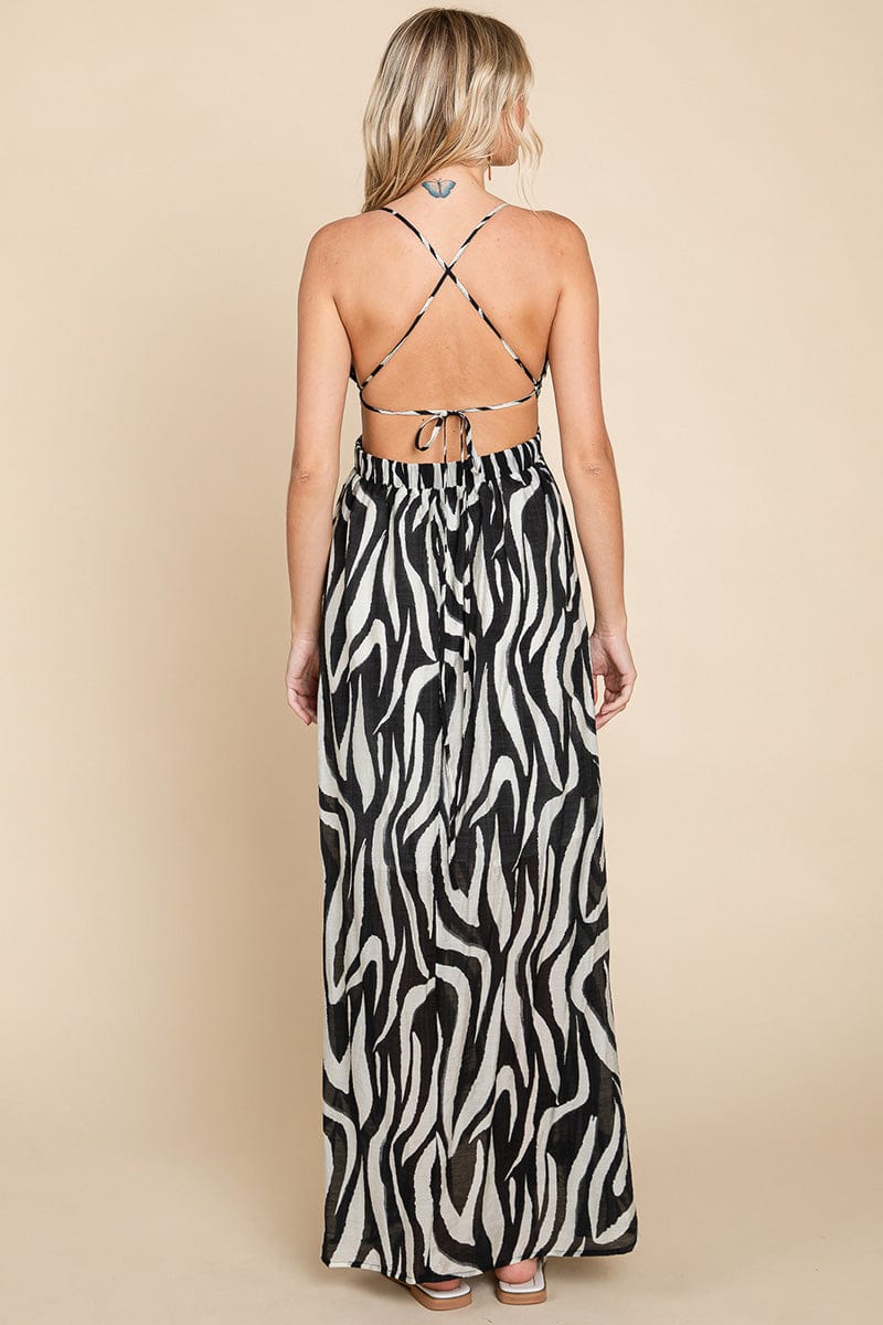 Deep V Neck Open Back Zebra Print Boho Maxi Dress