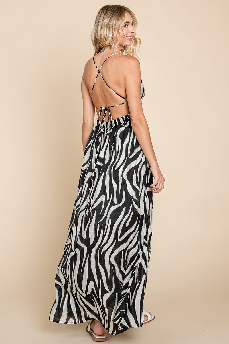 Deep V Neck Open Back Zebra Print Boho Maxi Dress