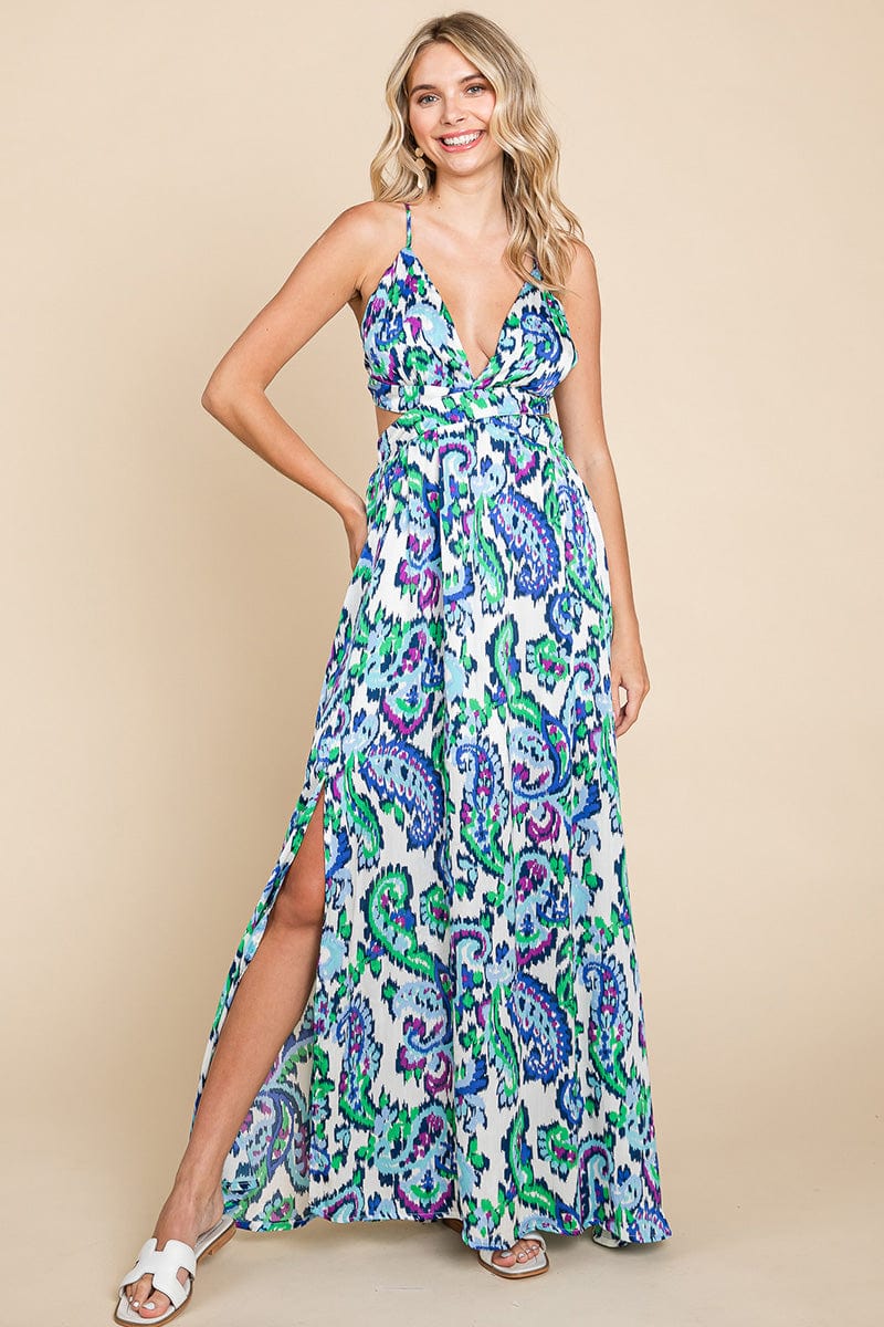 Deep V Neck Open Back Printed Boho Maxi Dress