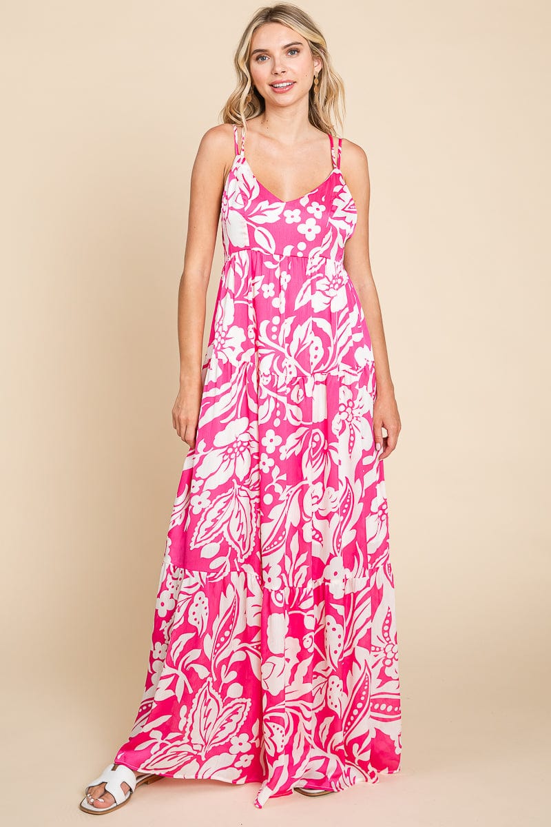 Tropical Print Tiered Satin Maxi Sundress