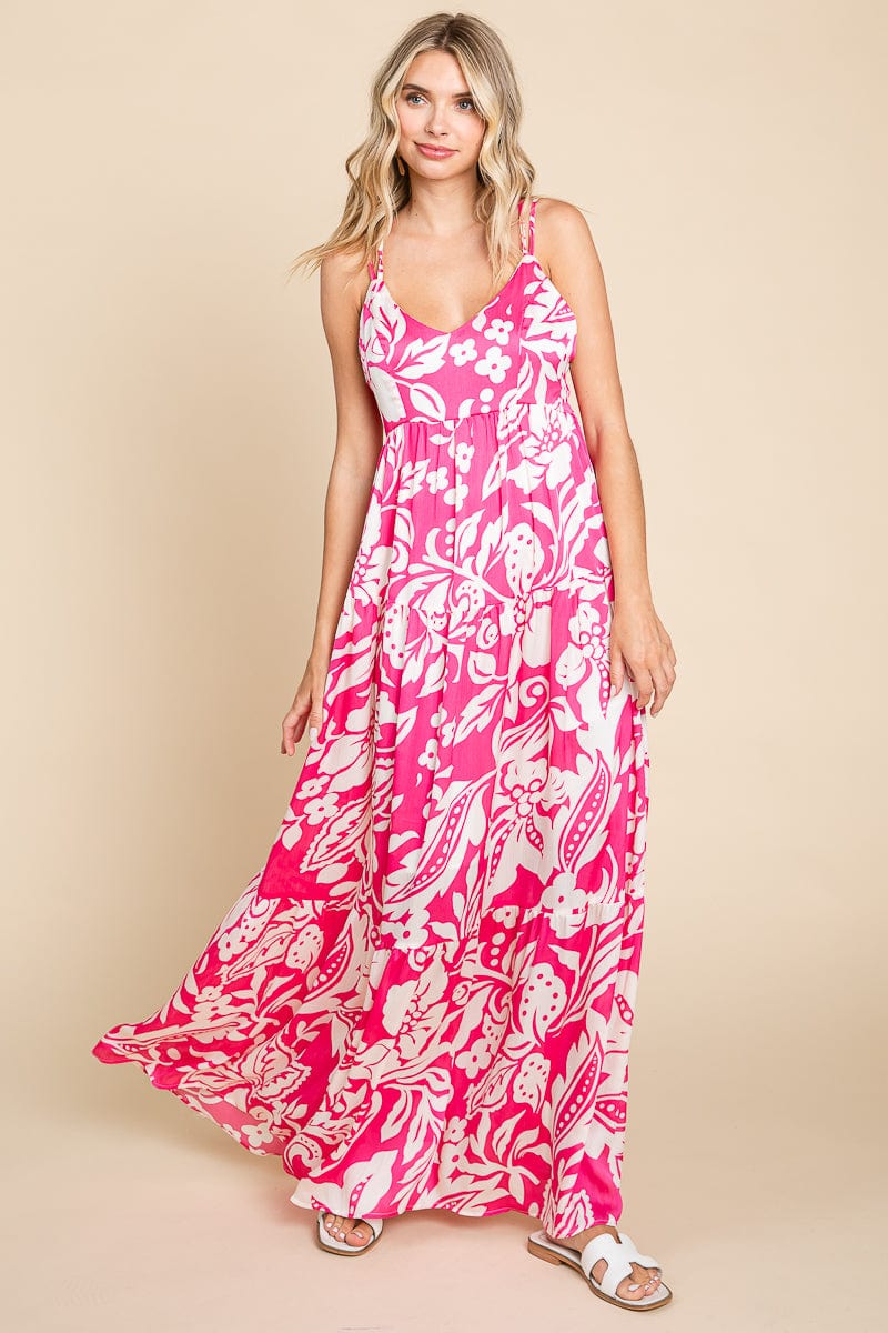 Tropical Print Tiered Satin Maxi Sundress